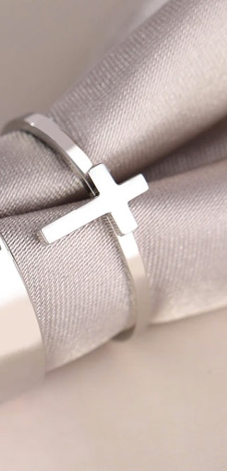 Stainless Steel Cross Adjustable Ring in Silver