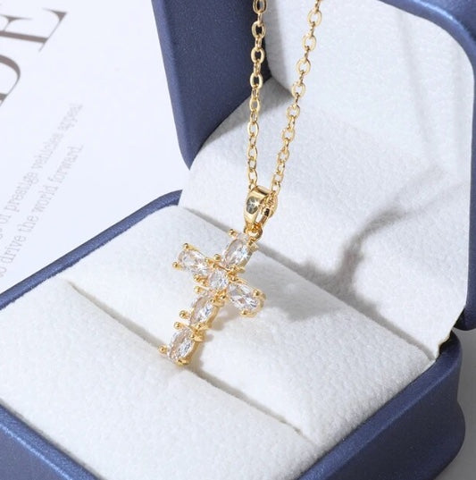 Gold Plated Crystal Cross Pendant Necklace