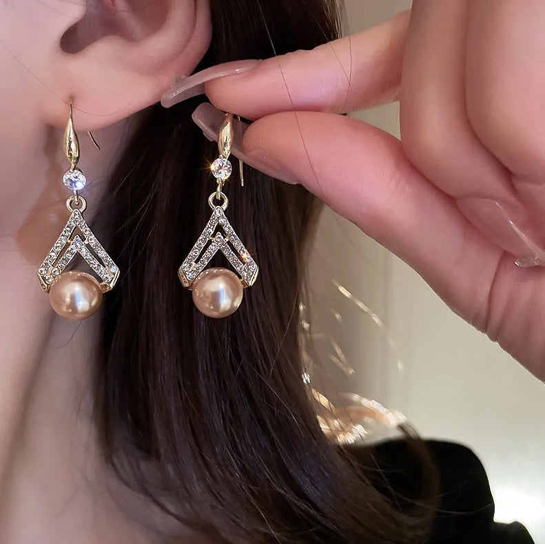 Geometric Crystal Pearl Drop Earrings