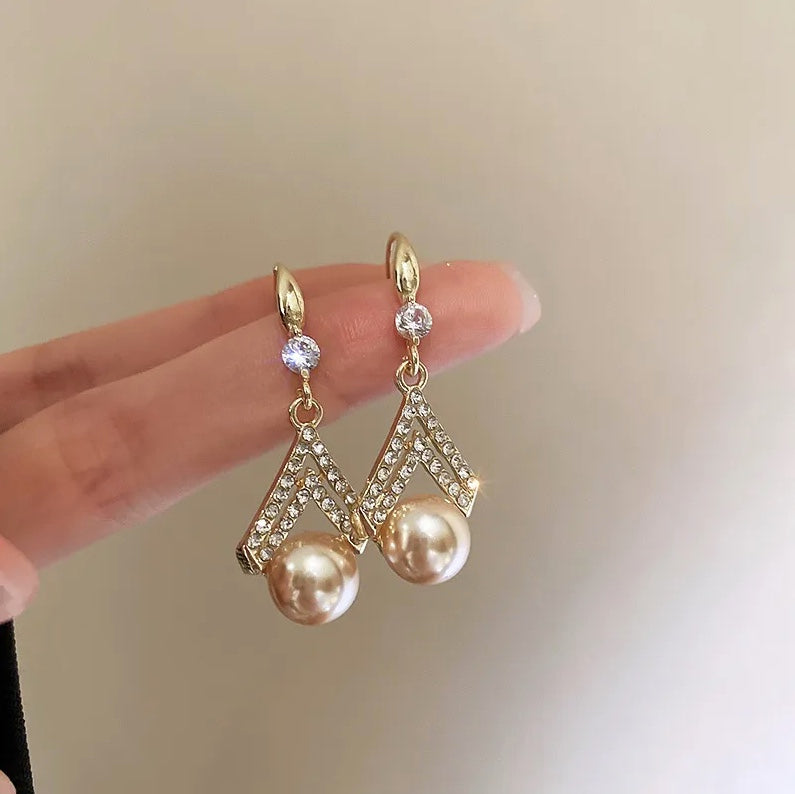 Geometric Crystal Pearl Drop Earrings