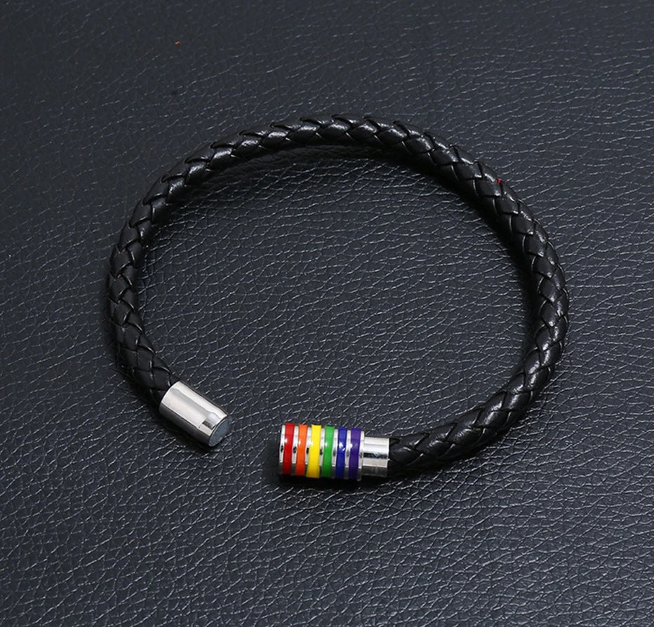 Rainbow Leather Braided Stainless Steel Bracelet in Black Silver and Multi