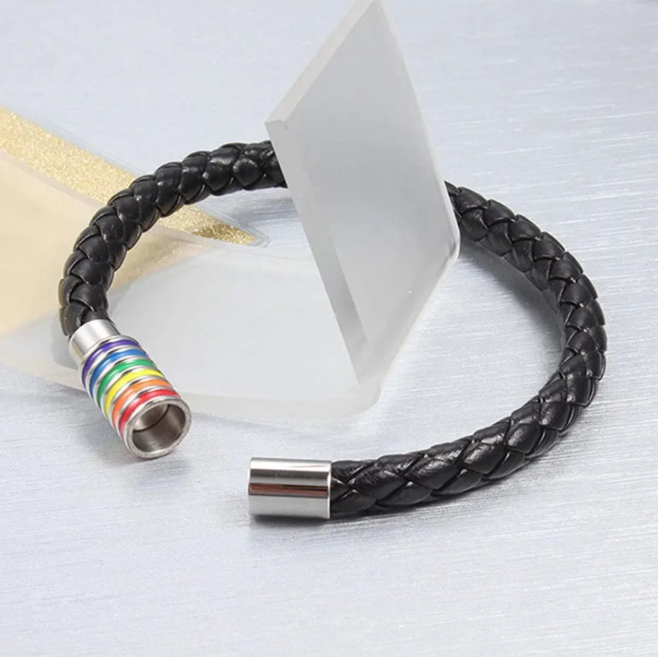 Rainbow Leather Braided Stainless Steel Bracelet in Black Silver and Multi