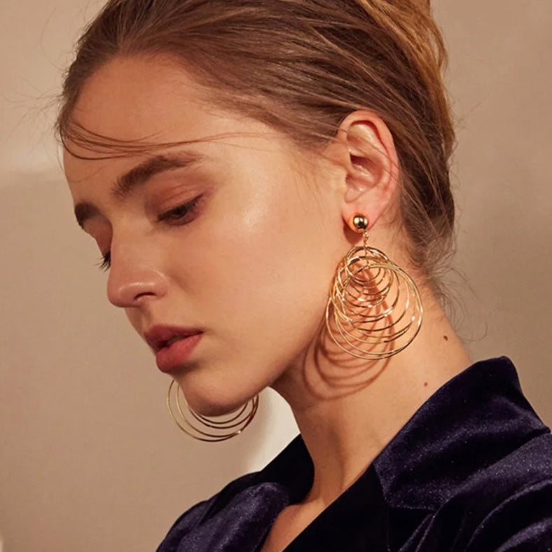 Round Big Metal Circles Dangle Earrings in Gold