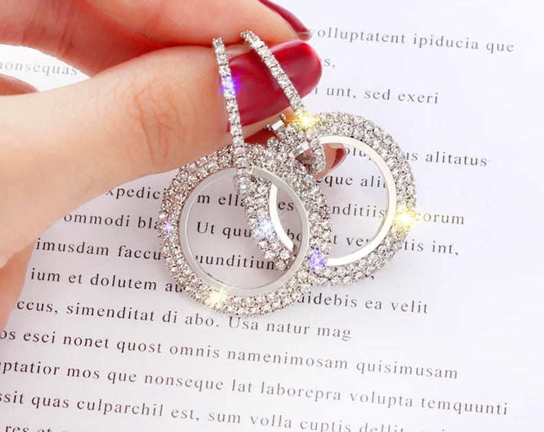 Luxury Rhinestone Double Circle Earrings in Silver