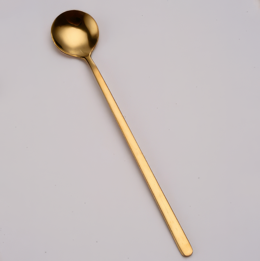 Gold Tone Stainless Steel Long Handle Dessert or Drink Spoon Round 15.5