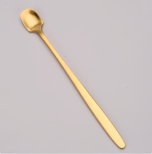 Gold Tone Stainless Steel Long Handle Dessert or Drink Spoon Chisel Oval 15.5