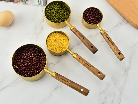 Gold Tone Measuring Cup Set with Wooden Handles