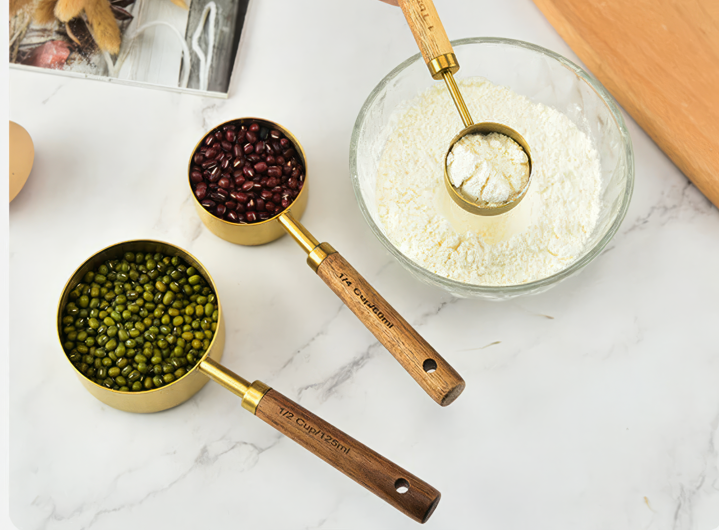 Gold Tone Measuring Cup Set with Wooden Handles