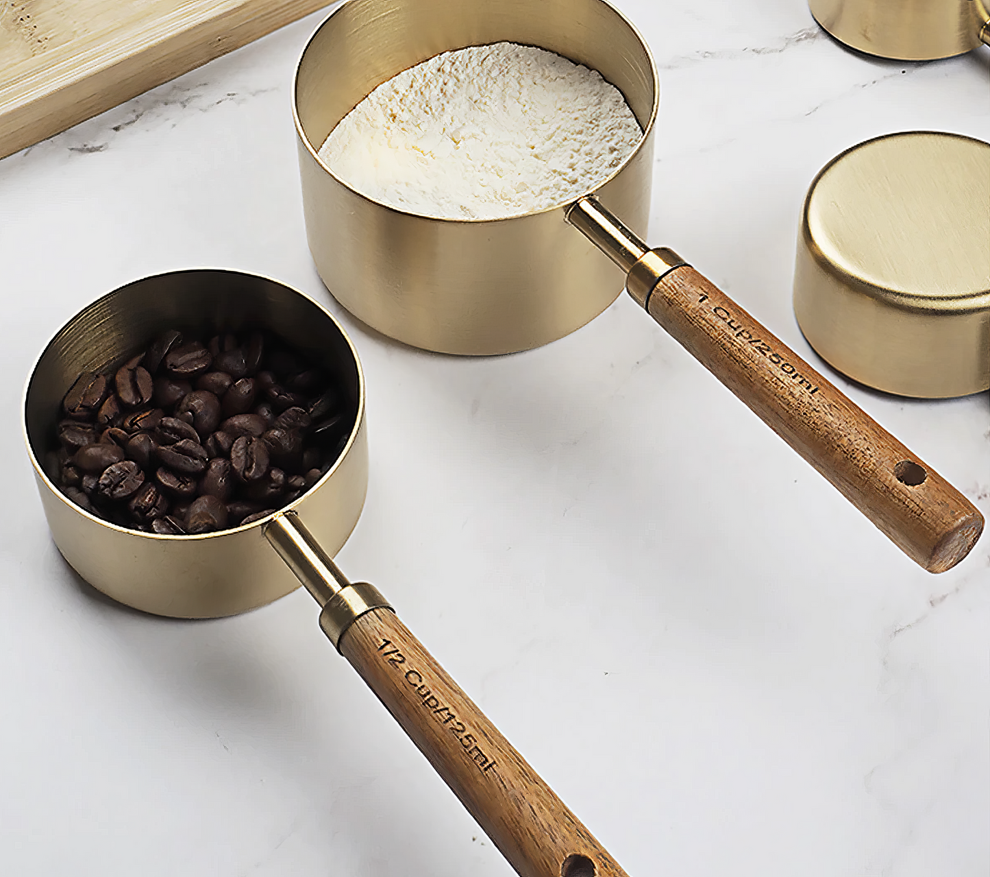 Gold Tone Measuring Cup Set with Wooden Handles