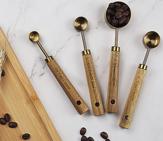 Gold Tone Measuring Spoon Set with Wooden Handles