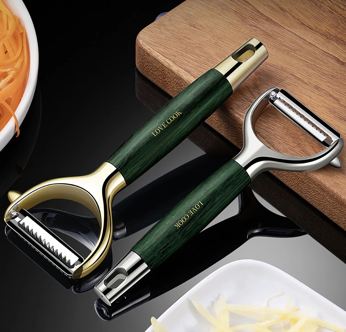 Stainless Steel Ultra Sharp Vegetable Peeler Wooden Handle Peeler in Green & Gold