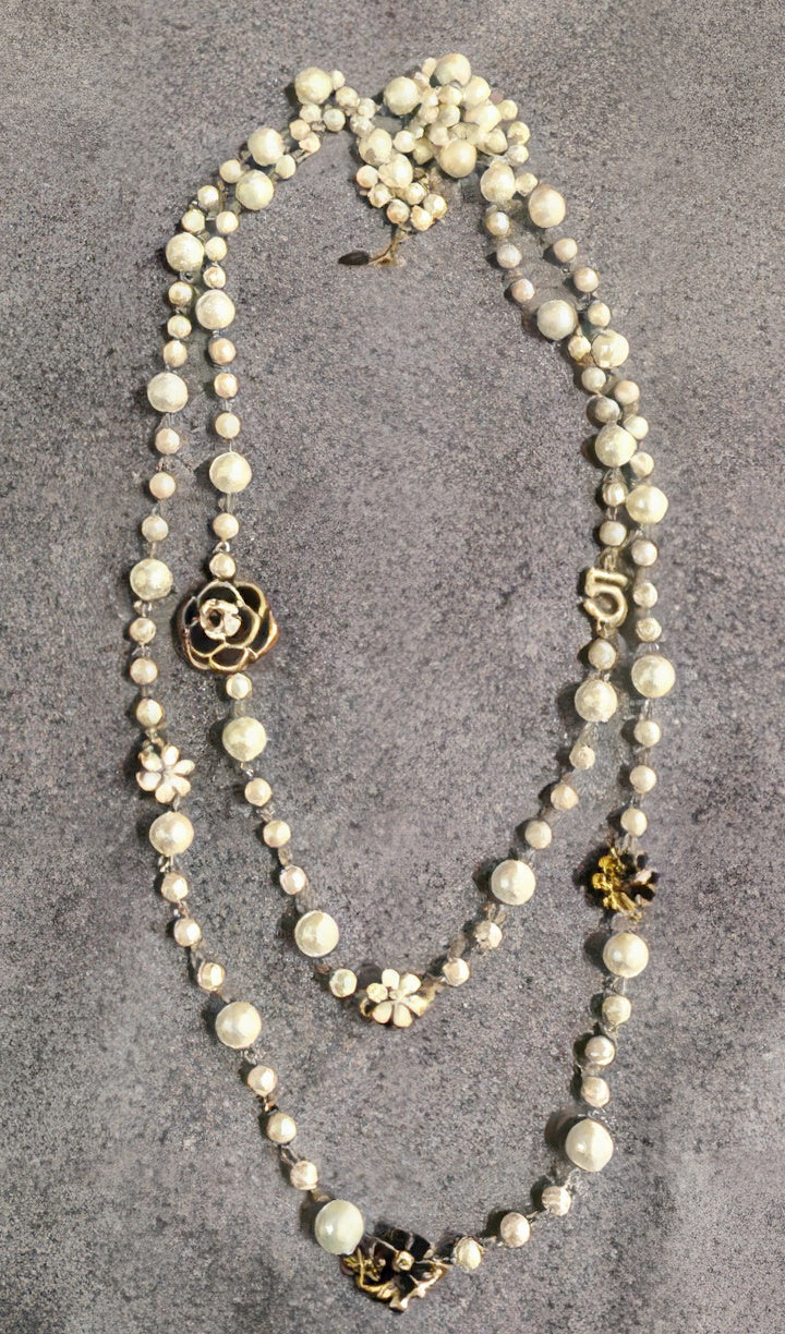 Long Double Layer Camellia Flower Pendant Pearl Necklace