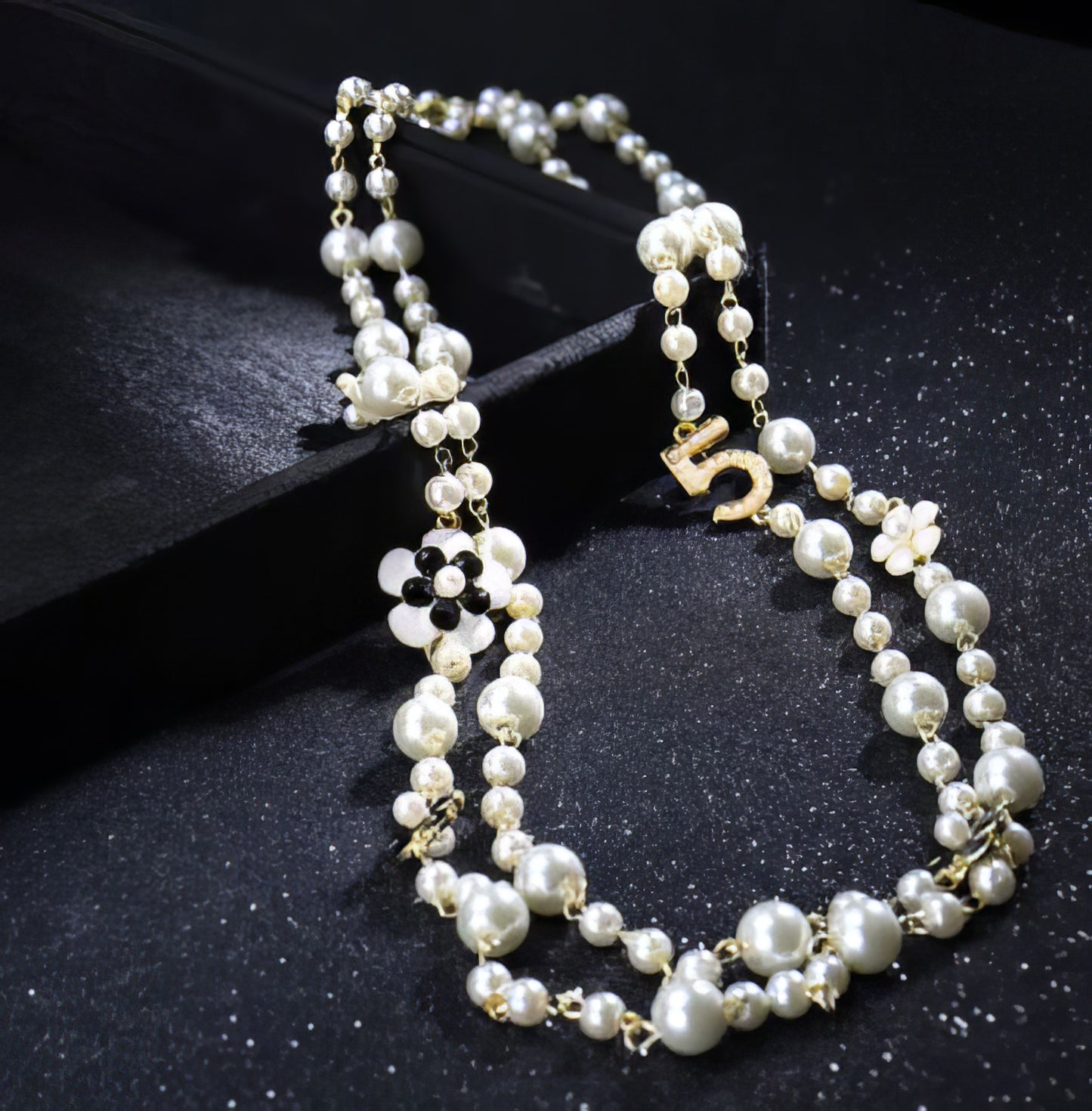 Long Pendant Layered Pearl Letter No 5 Flower Party Necklace in White Black and Gold