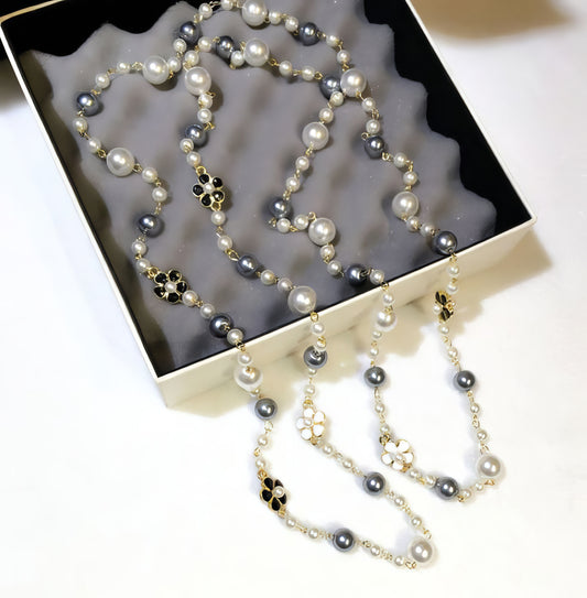 Camellia Flowers Luxury Pearl Necklace in Silver White Gold and Grey