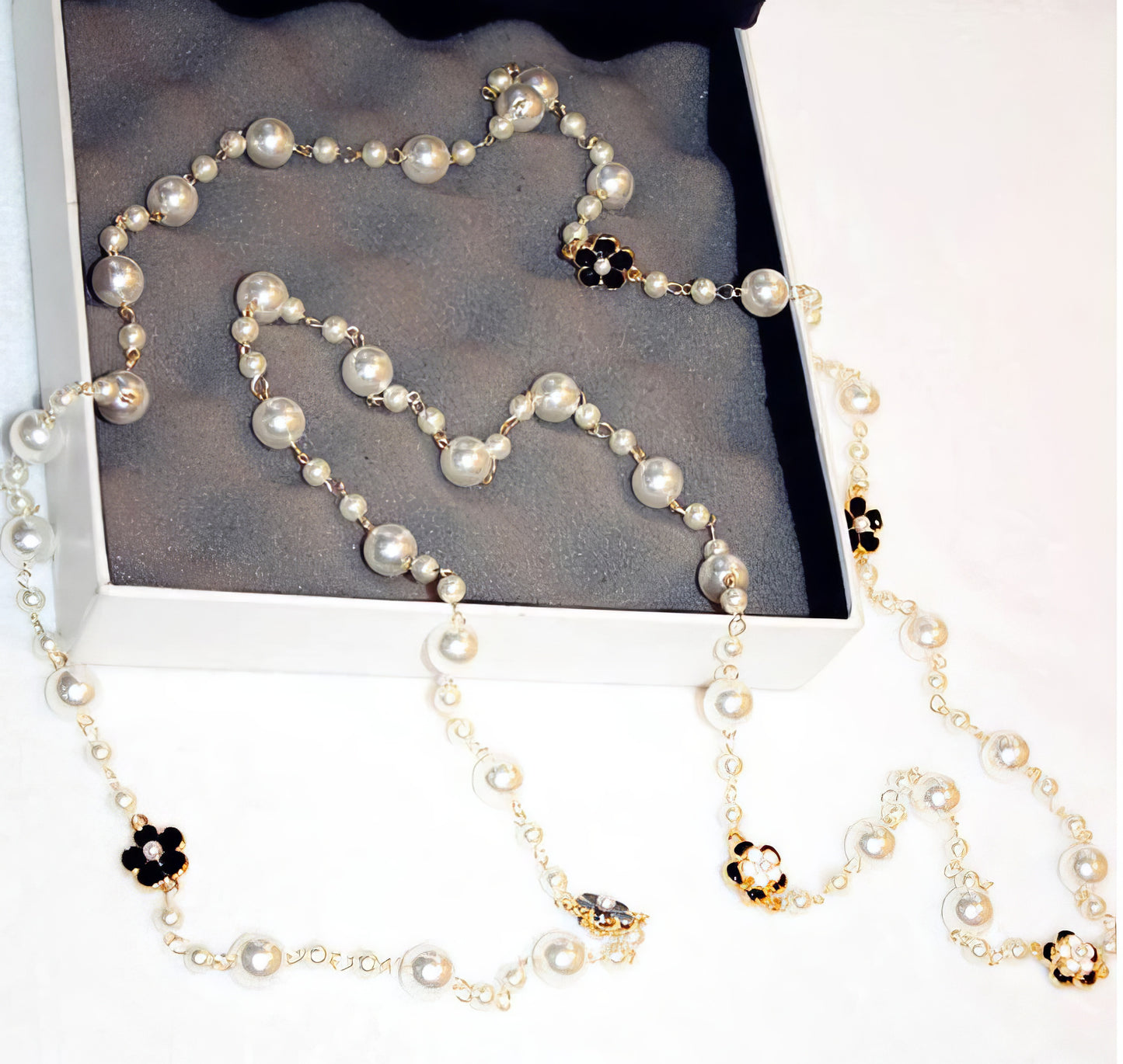 Long Sweater Chain Pearl Camellia Pendant Double Strand Necklace in White Gold and Black