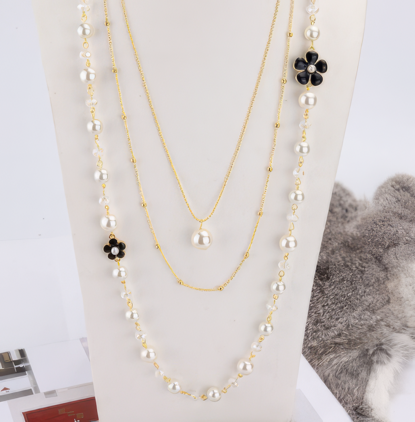 Long Multilayer Camellia Pearl Chain Pendant Necklace