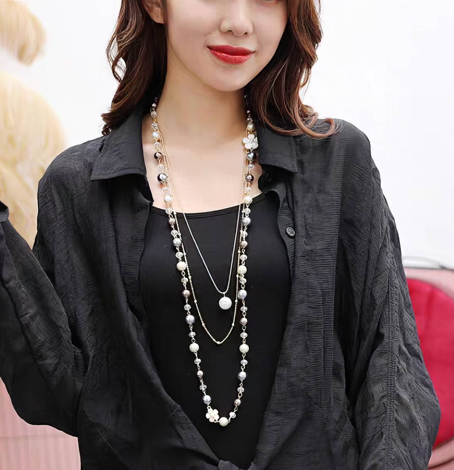 Long Multilayer Camellia Pearl Chain Pendant Necklace