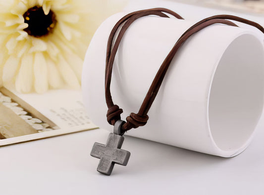 Genuine Leather Cross Pendent Necklace in Silver and Brown