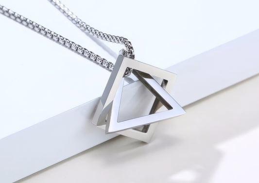 Interlocking Square Triangle Pendant Stainless Steel Modern Geometric Necklace in Silver