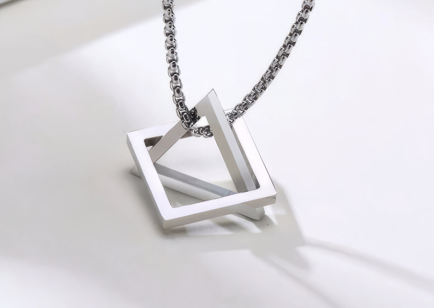 Interlocking Square Triangle Pendant Stainless Steel Modern Geometric Necklace in Silver