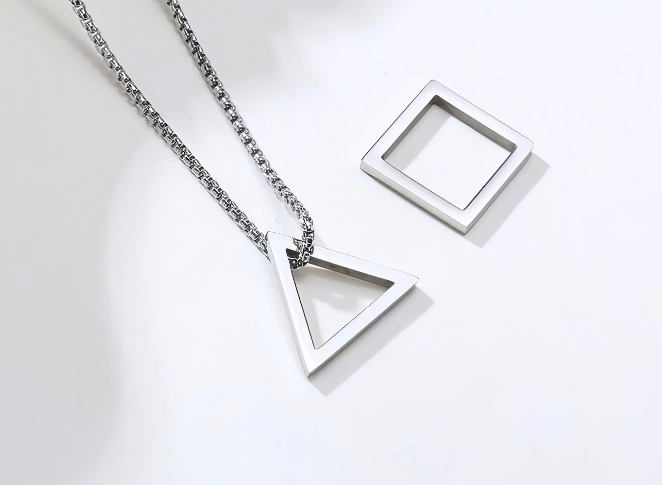 Interlocking Square Triangle Pendant Stainless Steel Modern Geometric Necklace in Silver