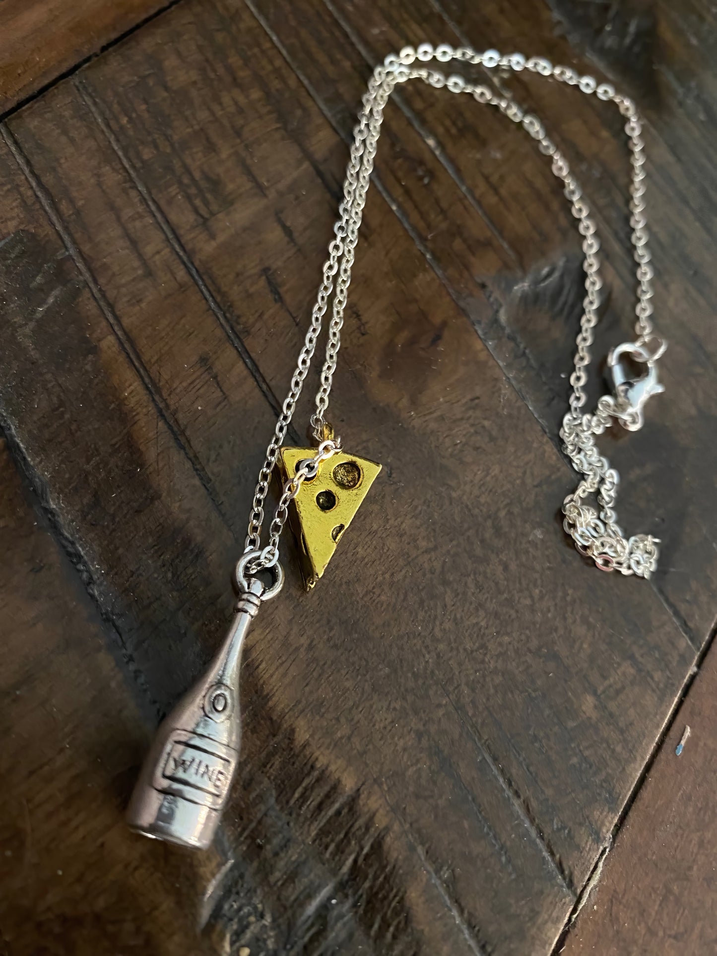 Wine Bottle and Cheese Charm Necklace