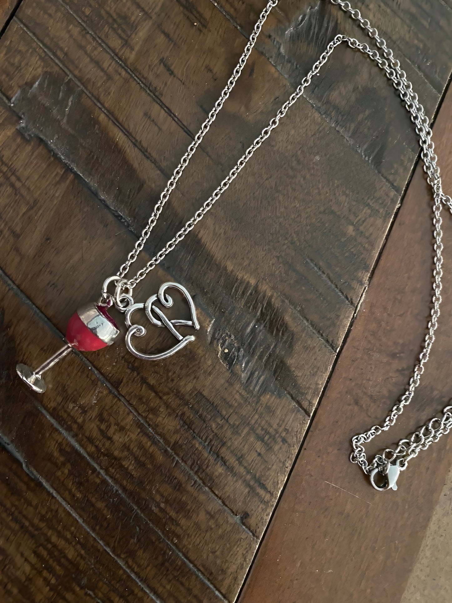 Wine Glass and Love Heart Charm Pendant Necklace