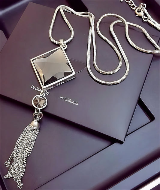 Square Crystal Pendant Tassel Necklace