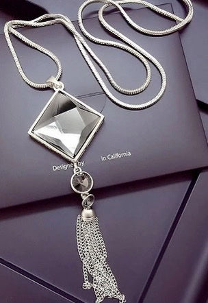 Square Crystal Pendant Tassel Necklace