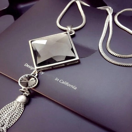 Square Crystal Pendant Tassel Necklace