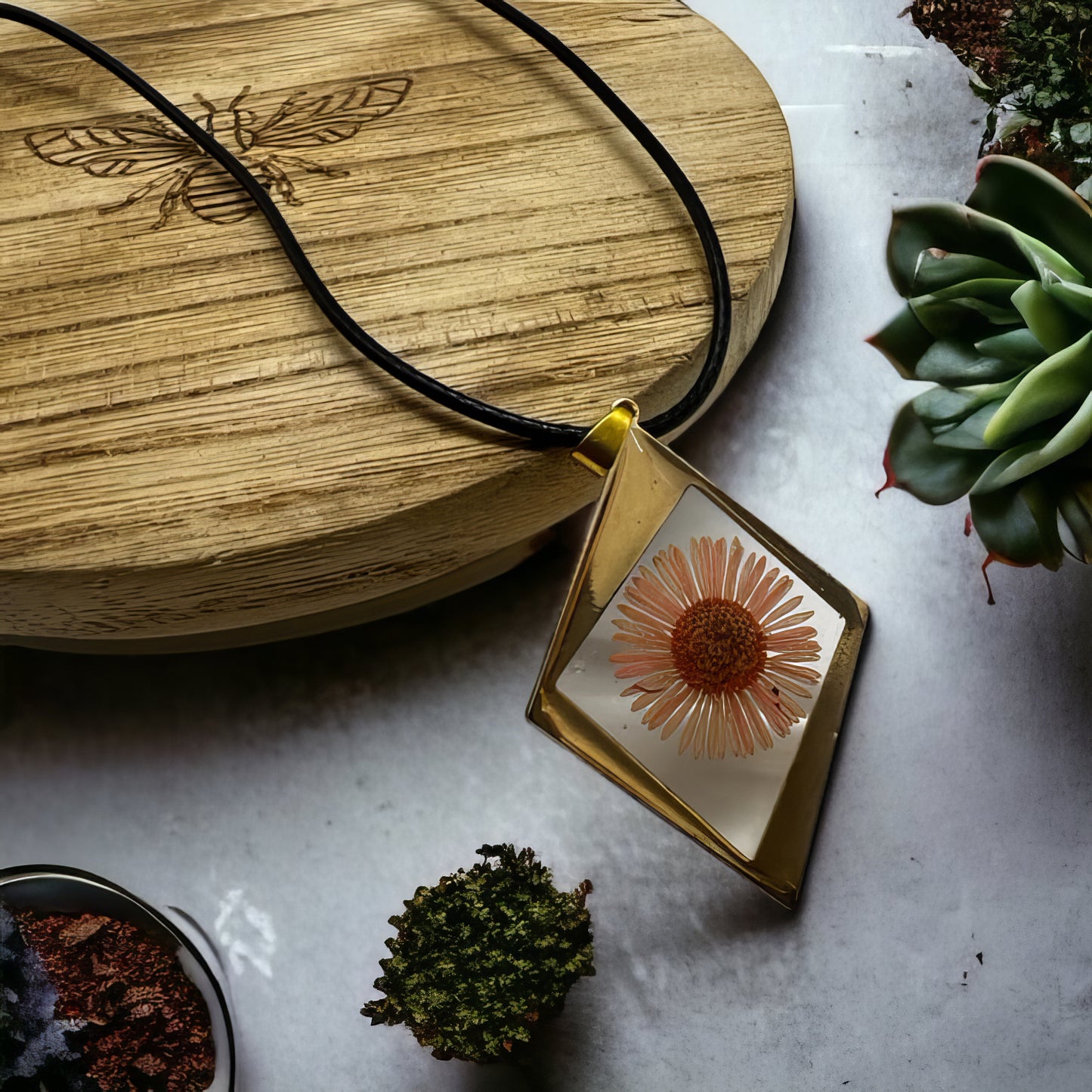 Geometric Shape Pressed Preserve Fresh Petal Necklace in Peach