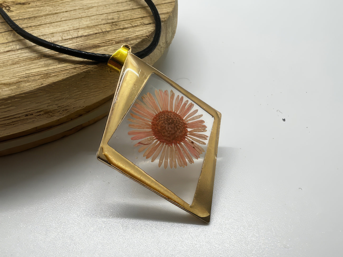 Geometric Shape Pressed Preserve Fresh Petal Necklace in Peach