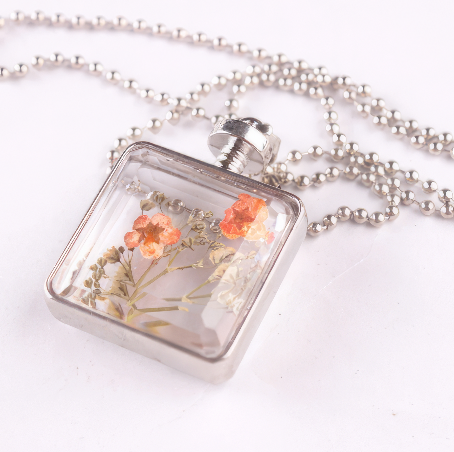 Preserved Fresh Dried Flower Pendant Necklace Orange Crush