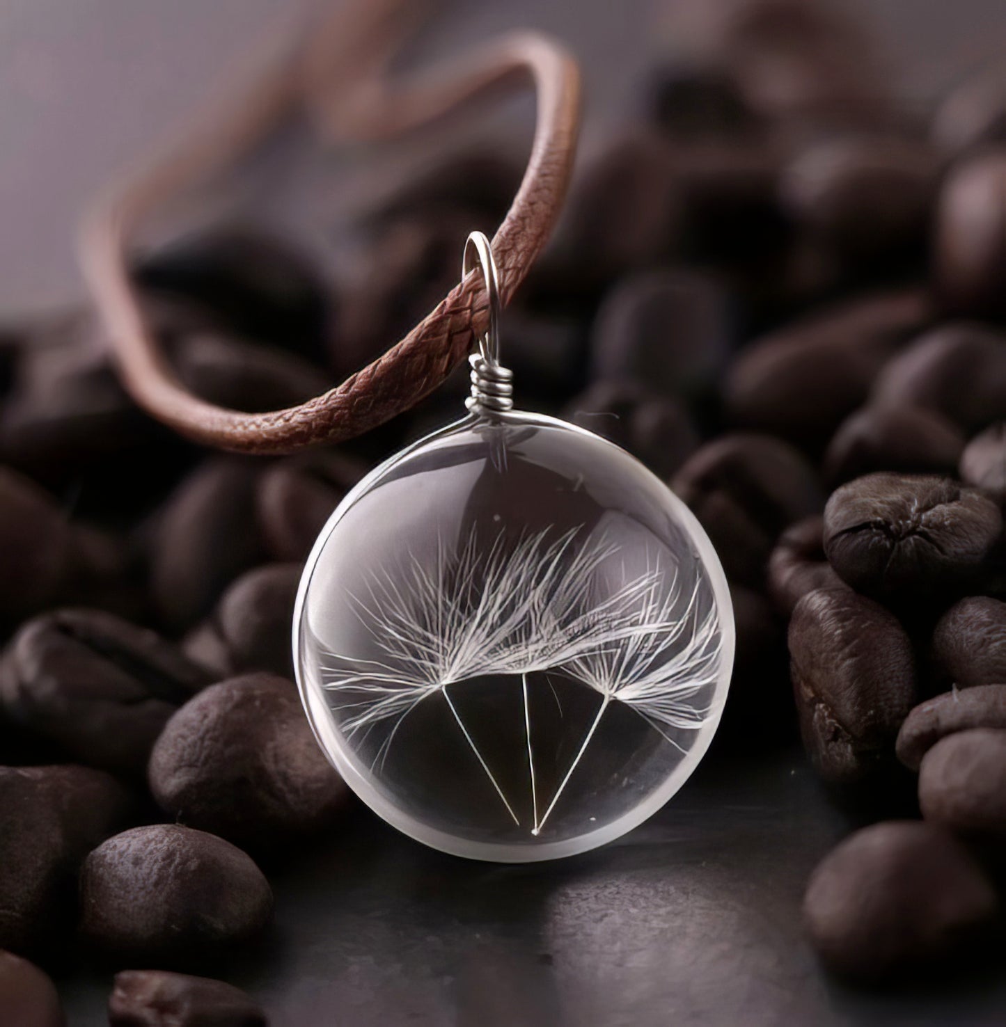 Round Dandelion Pendant Rope Necklace in Brown and Clear