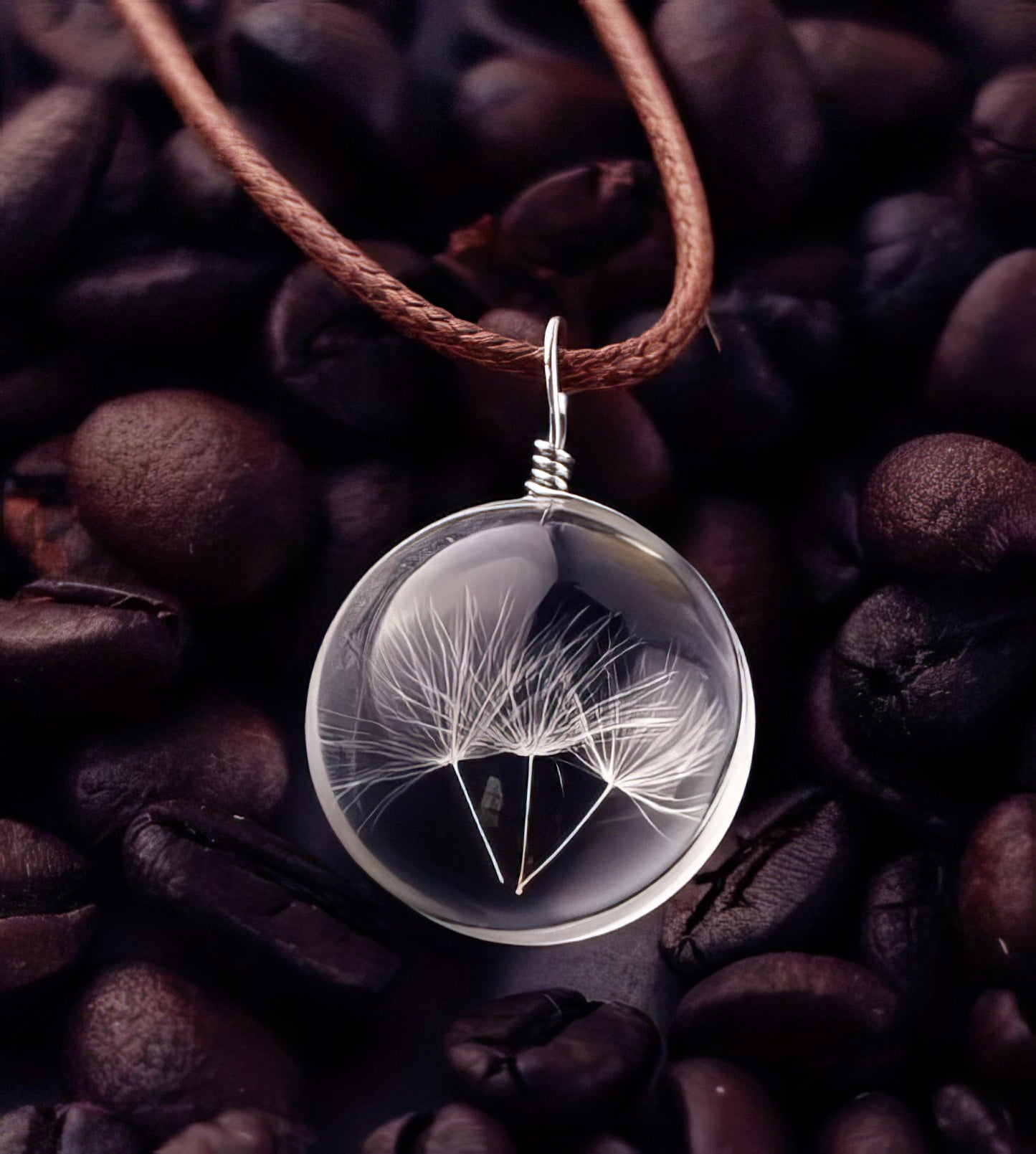 Round Dandelion Pendant Rope Necklace in Brown and Clear