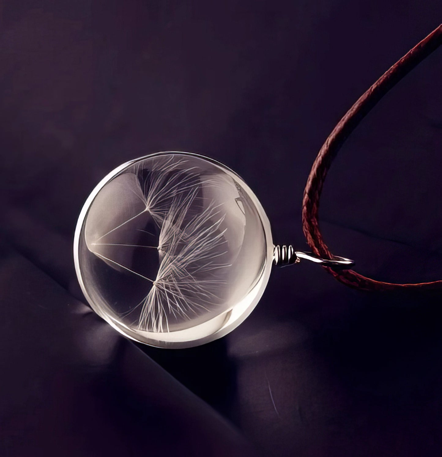 Round Dandelion Pendant Rope Necklace in Brown and Clear