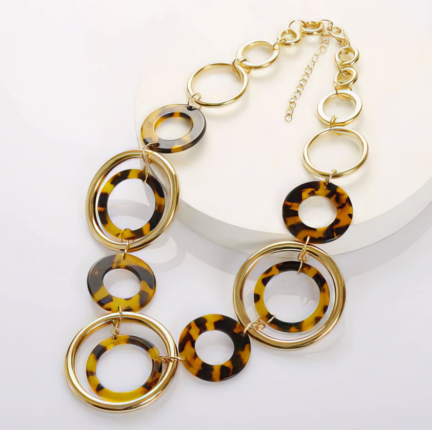 Statement Acrylic Gold Alloy Geometric Round Necklace in Leopard and Gold