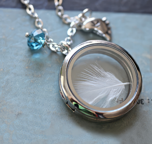 New Mom Necklace- Natural Feather Keepsake Locket in Blue