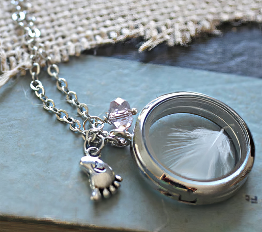 New Mom Necklace- Natural Feather Keepsake Locket in Pink