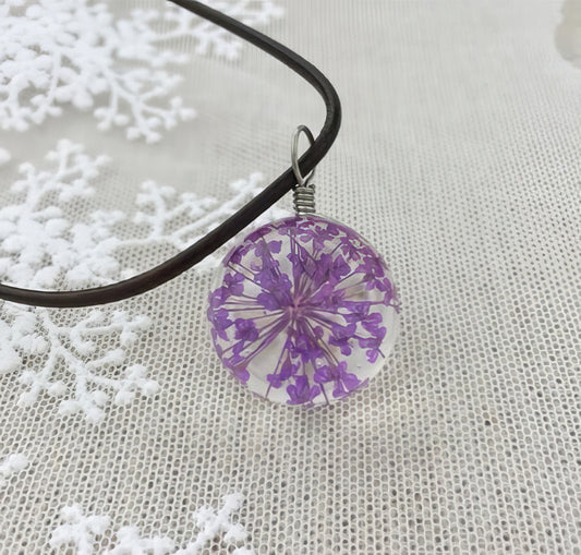 Round  Purple Dried Flower Pendant Necklace