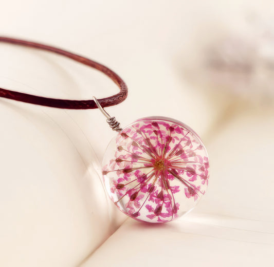 Round  Pink Dried Flower Pendant Necklace