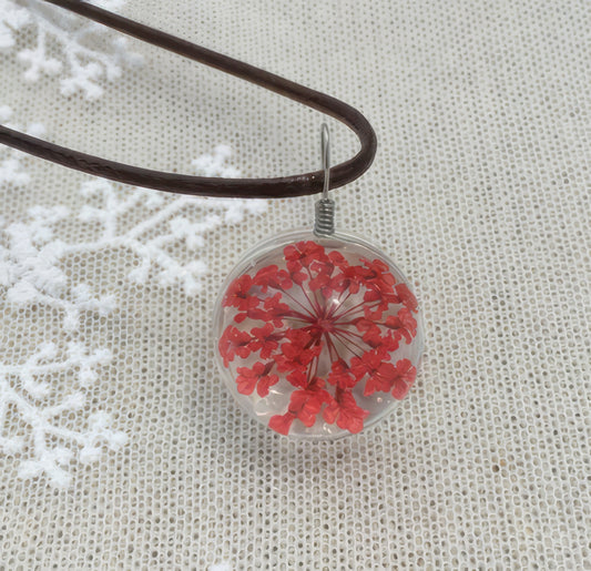 Round  Red Dried Flower Pendant Necklace