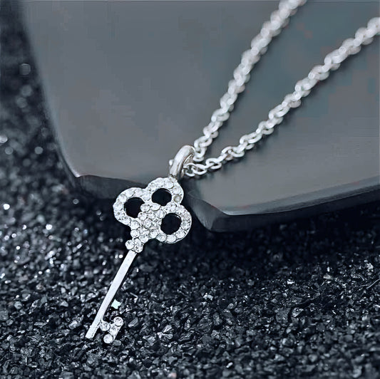 Crystal Zircon Key Pendant Chain Necklace in Silver