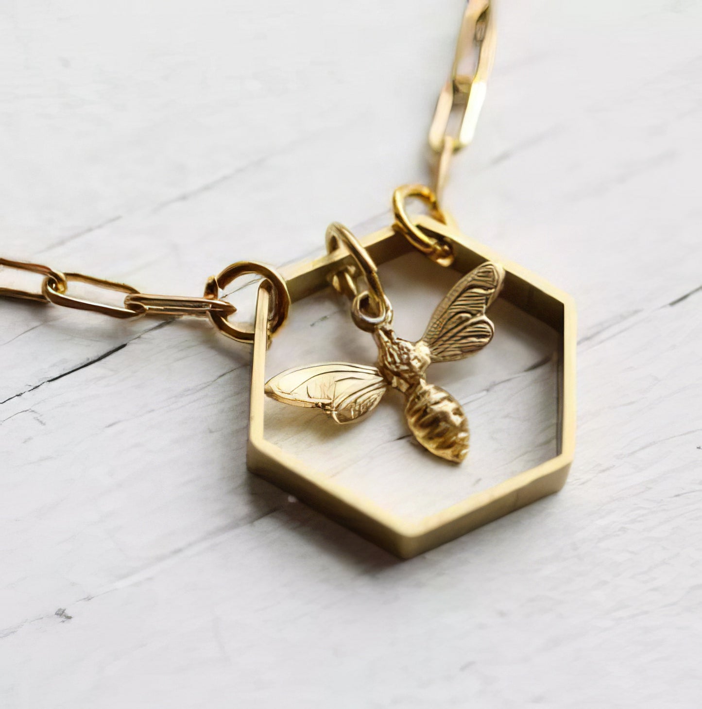 Geometric Hexagon Gold Plated Bee Hive Necklace in Gold