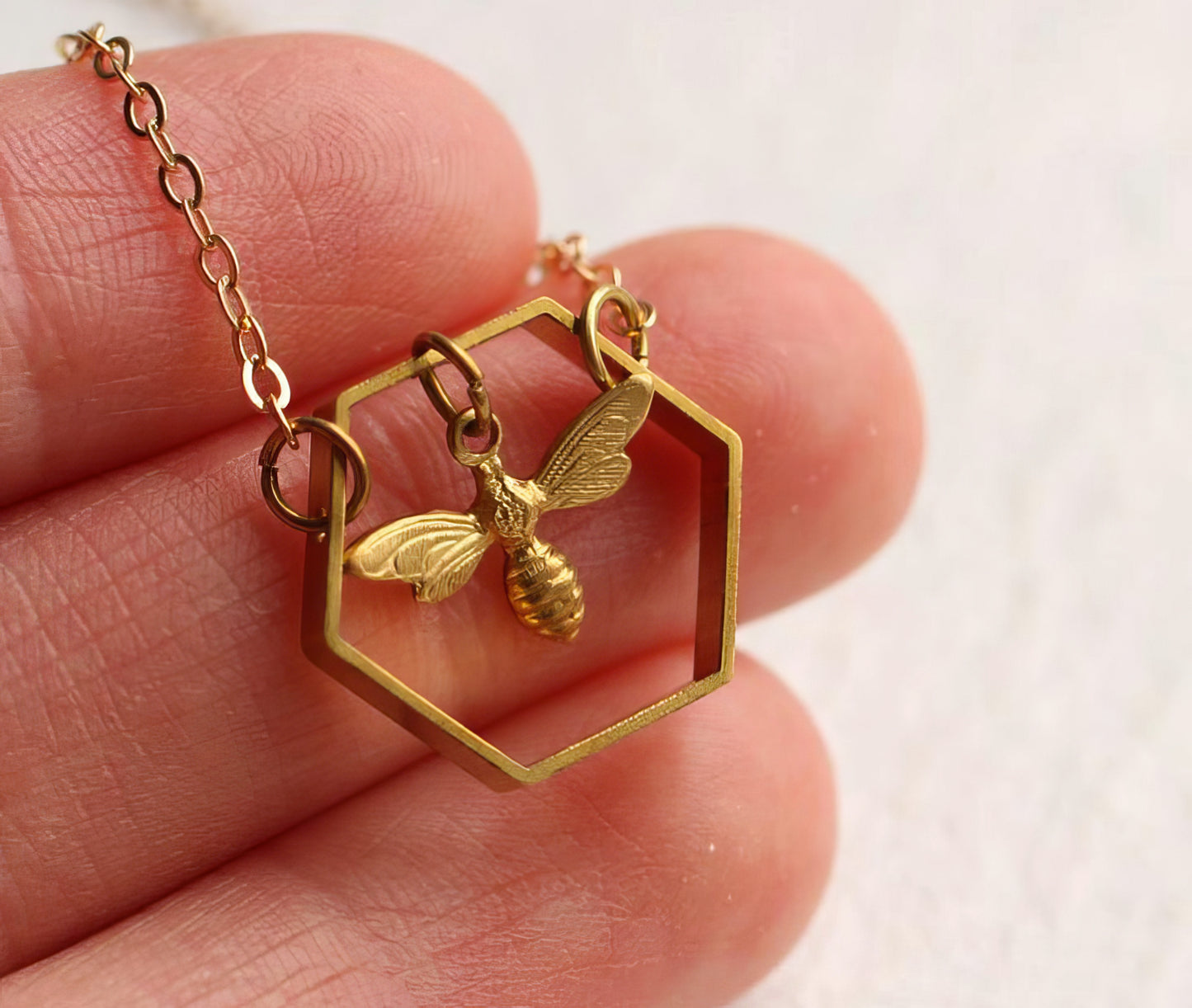 Geometric Hexagon Gold Plated Bee Hive Necklace in Gold