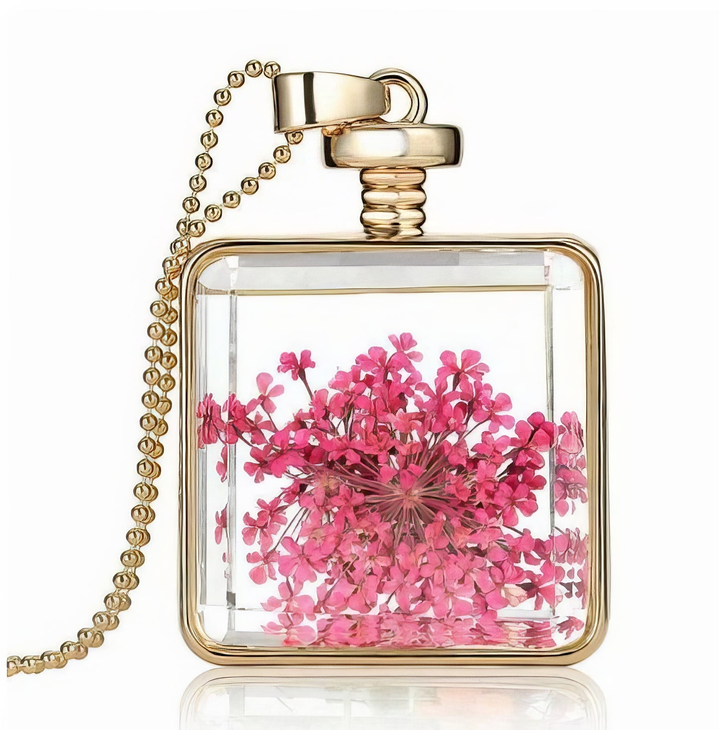 Glass Bottle Flower Pendant Necklace in Pink and Gold