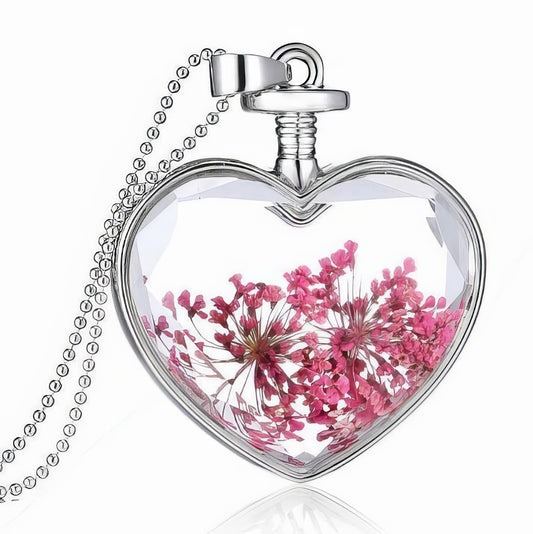 Glass Heart Flower Pendant Necklace in Pink and Silver