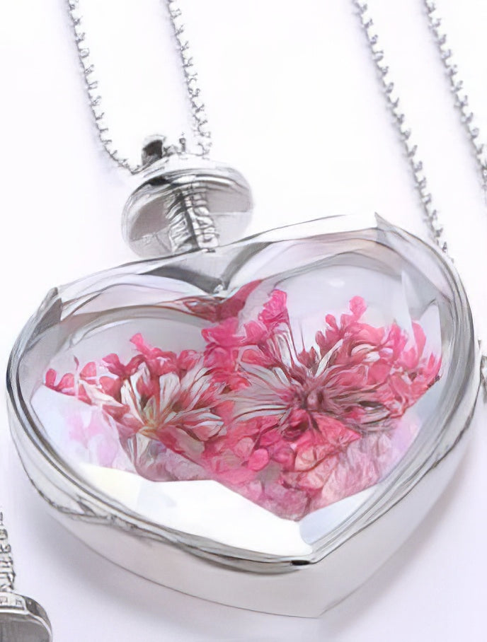 Glass Heart Flower Pendant Necklace in Pink and Silver