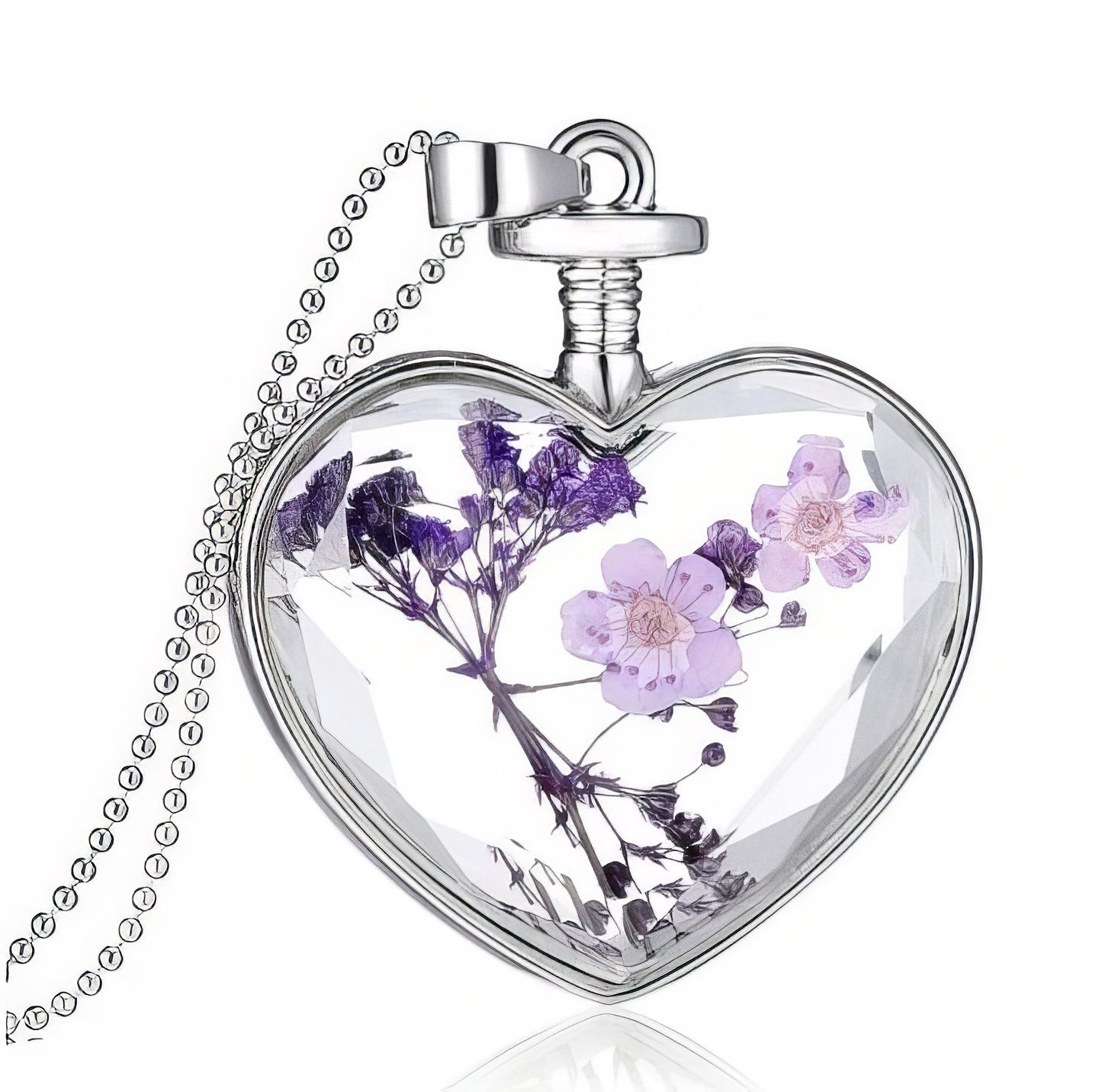 Glass Heart Flower Pendant Necklace in Purple and Silver