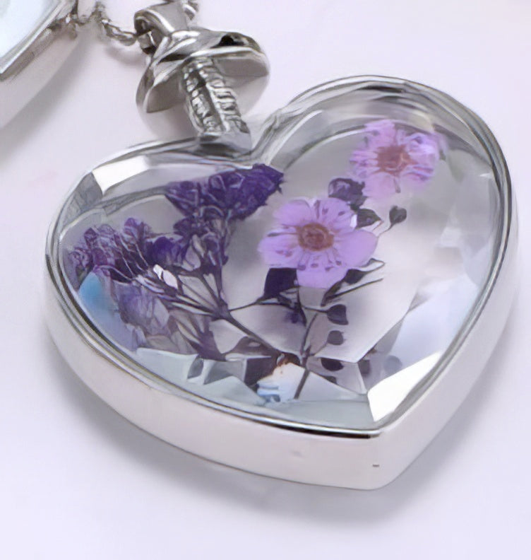 Glass Heart Flower Pendant Necklace in Purple and Silver